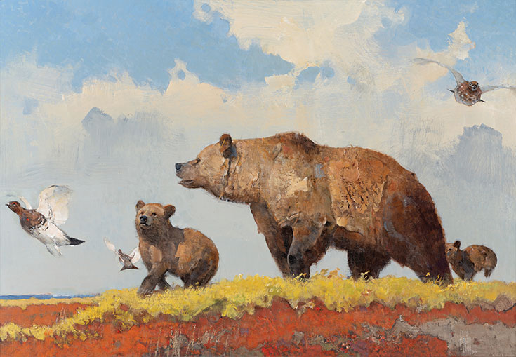 BOB KUHN — A Walk on the Tundra— grizzly bears and ptarmigans Acrylic